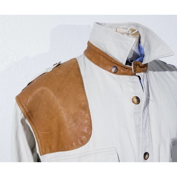 Vintage Orvis XL Leather Shoulder Safari Shooting Hunting Twill Coat Jacket